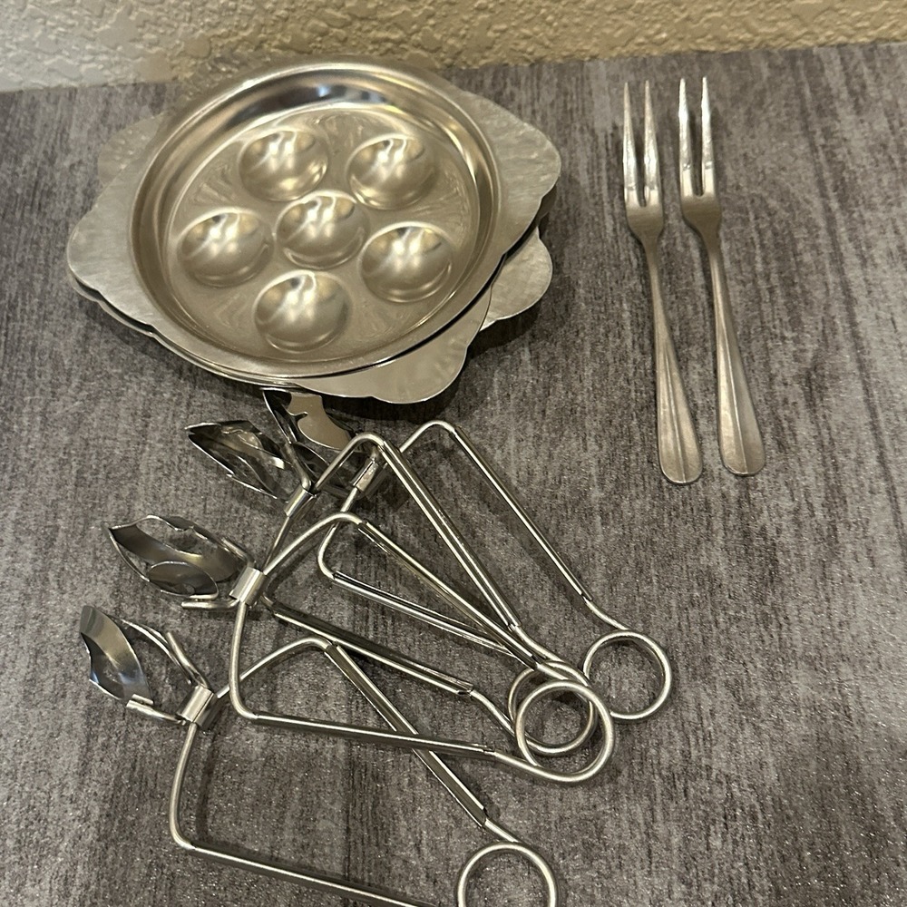 Bloomfield Vintage Escargot Set Stainless Steel Snail Plates Tongs Forks Japan 4